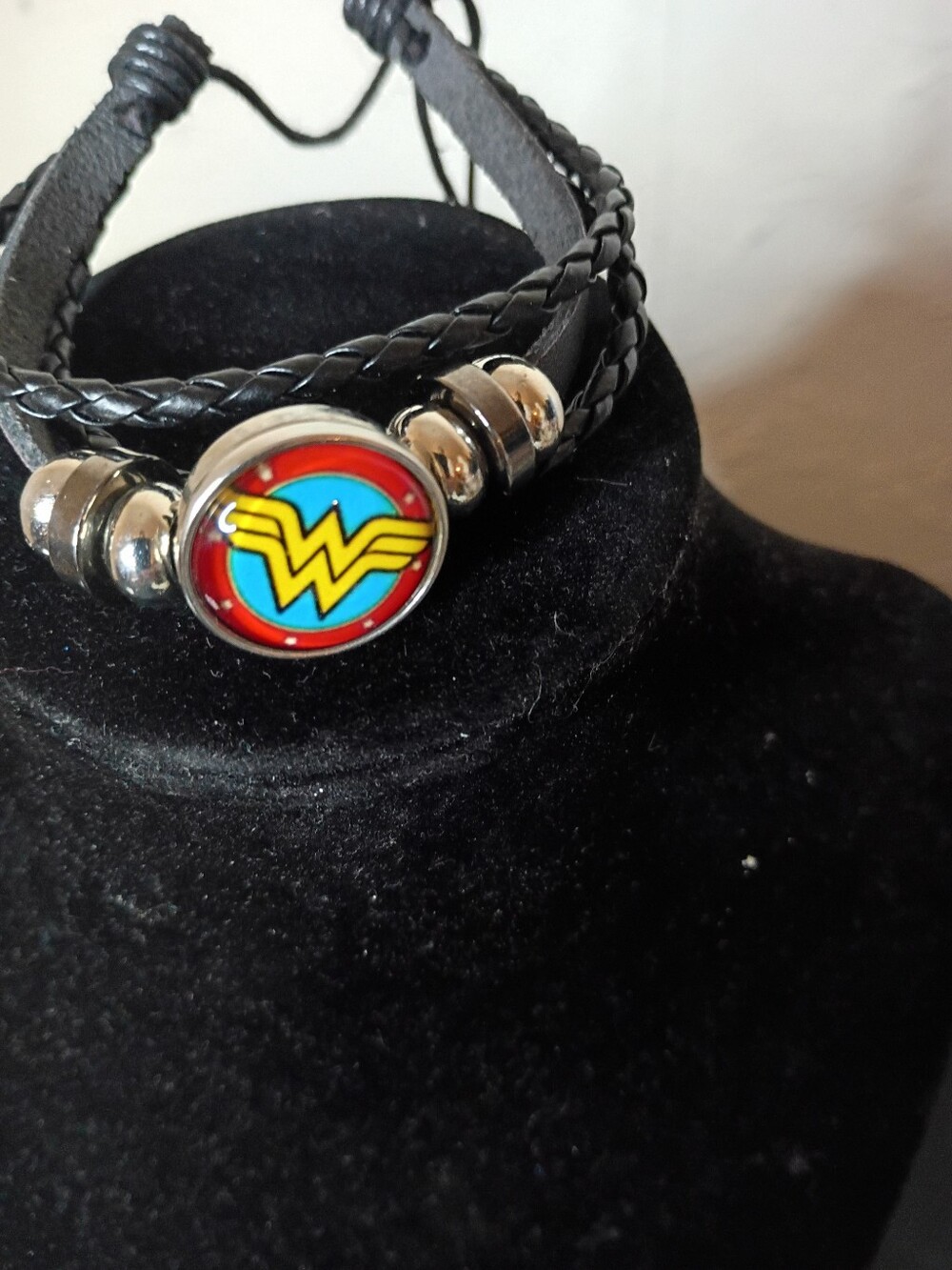Wonder Woman Inspired Black Leather Wrap Bracelet with Red & Blue Emblem